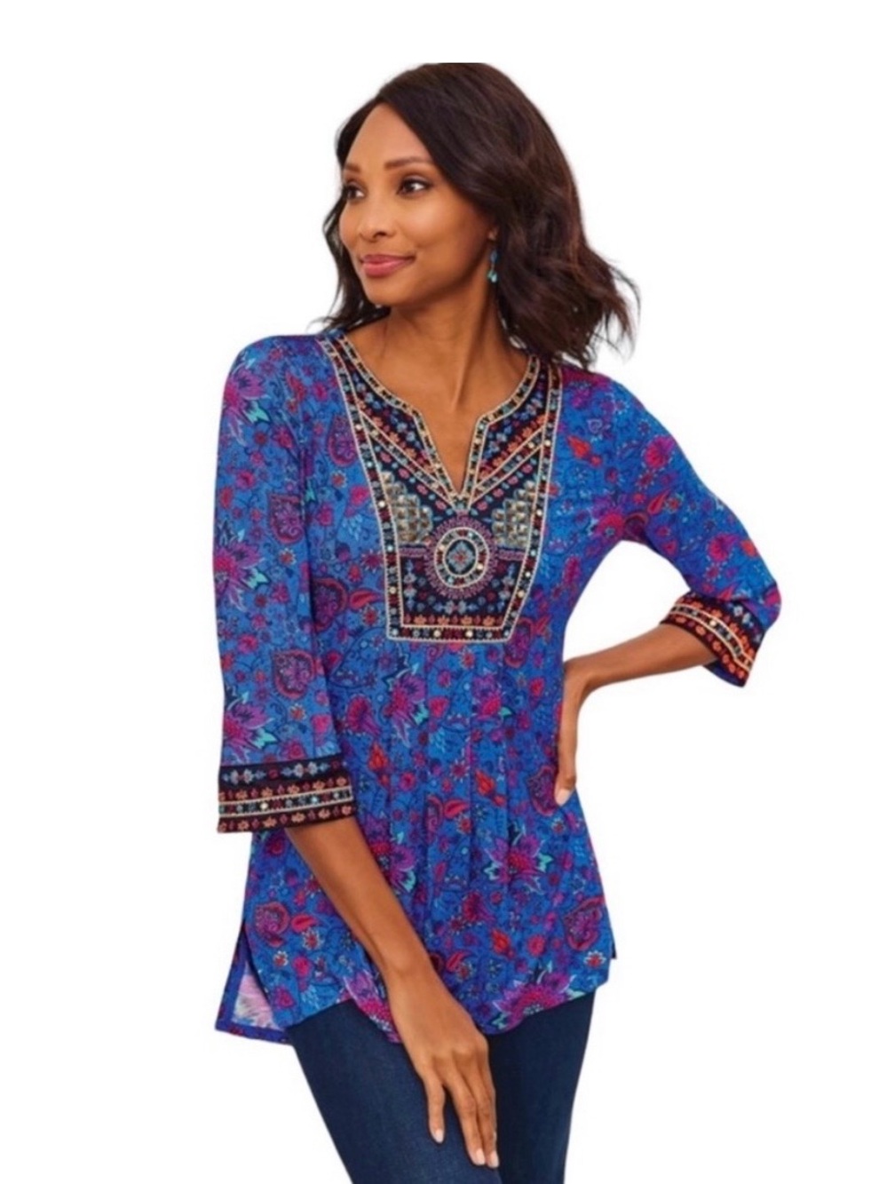 Soft Surroundings Tamuri Boho Beaded Embroidered Tunic Spilt VNeck Petite Large